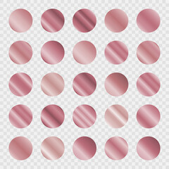 Set of rose gold circle gradients on transparent background for fashion design elements. Collection of colored shiny textures. Vector illustration.