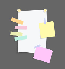Paper notes stickers. Place for memo messages on paper sheets. Attached with sticky colorful tape on grey background isolated realistic  illustration