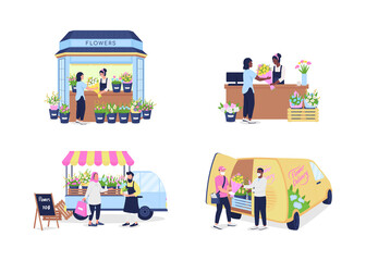 Buying and selling flowers flat color vector detailed character set. Floral gift shop, delivery service. Bouquet kiosk isolated cartoon illustration for web graphic design and animation collection