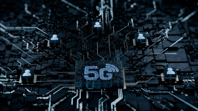 Wireless Technology Concept with 5G symbol on a Microchip. White Neon Data flows between Users and the CPU across a Futuristic Motherboard. 3D render.