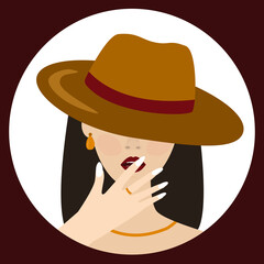 Young fashion girl with dark hair and red lips in brown hat. Female headwear. Flat vector illustration.  Element of clothing or accessory. Portrait of a woman. Round frame avatar. Vintage 