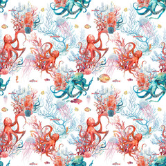 Watercolor underwater seamless pattern. Hand drawn realistic background design: star fish, octopus, corals, sea horse on white background. Nautical repeating texture design for fabric, wallpaper