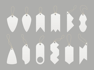 Price tags. Set of labels with cord. Paper price or gift tags in different shapes. Empty organic style stickers