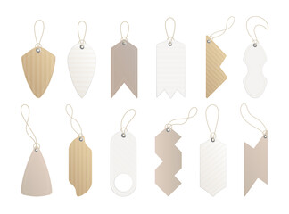 Price tags. Set of labels with cord. Paper price or gift tags in different shapes. Empty organic style stickers. Kraft realistic material
