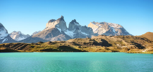 Panoramic view of Pehoe Lake and Los Cuernos in the Torres del Paine National Park, Chile.