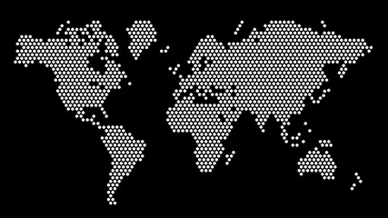 Black and white hexagonal pixel world map. Vector illustration planet Earth continents hexagon map.