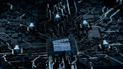 Entertainment Technology Concept with movie symbol on a Microchip. White Neon Data flows between Users and the CPU across a Futuristic Motherboard. 3D render.
