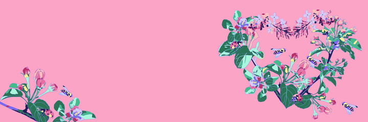 Blossoming branches of apple and lilac and insects on a pink background. Blooming heart. Bees and ladybugs. Spring banner. Copy space.