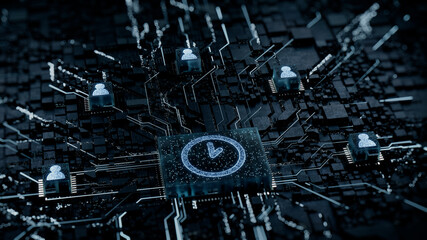 Time Technology Concept with clock symbol on a Microchip. White Neon Data flows between Users and the CPU across a Futuristic Motherboard. 3D render.