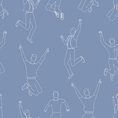 Seamless pattern with line art jumping men in business clothes, with hands up.