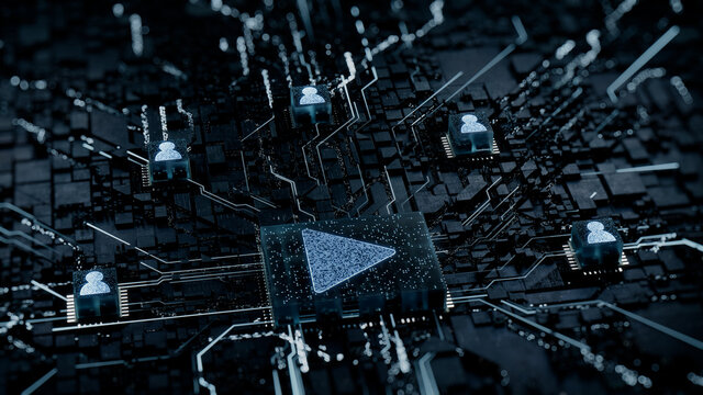 Media Technology Concept with play symbol on a Microchip. White Neon Data flows between Users and the CPU across a Futuristic Motherboard. 3D render.