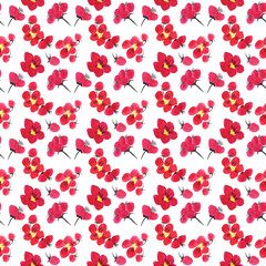 Seamless pattern  of a sakura. Pink and red stylized flowers of plum mei and wild apricots. Watercolor and ink illustration in style sumi-e, u-sin. Oriental traditional painting.