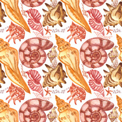 Marine background with seashells and corals. Watercolor seamless pattern. Perfect for creating fabrics, textile, decoupage, wallpapers. Isolated on white background.