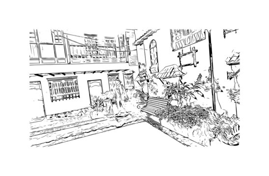 Building view with landmark of Duitama is the 
city in Colombia. Hand drawn sketch illustration in vector.