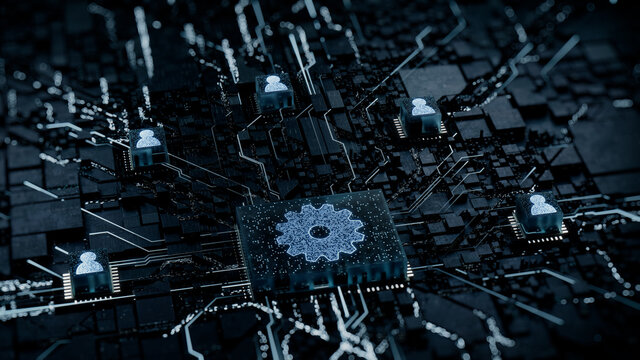 Configure Technology Concept with cog symbol on a Microchip. White Neon Data flows between Users and the CPU across a Futuristic Motherboard. 3D render.