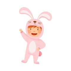 Little Girl Wearing Hare Costume Waving Hand and Having Fun Vector Illustration