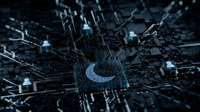 Night mode Technology Concept with moon symbol on a Microchip. White Neon Data flows between Users and the CPU across a Futuristic Motherboard. 3D render.