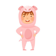 Cute Boy Wearing Pink Pig Costume Role Playing and Having Fun Vector Illustration