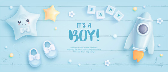 Baby shower horizontal banner with cartoon rocket, shoes, helium balloons and flowers on blue wooden background. It's a boy. Vector illustration