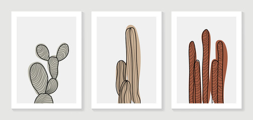 cactus hand drawn line art background vector. Natural warm earth tone wall art. vector illustration. © TWINS DESIGN STUDIO