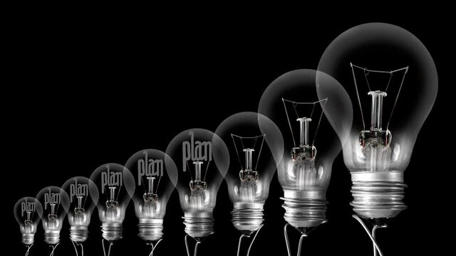 Light bulb row going from dark to light with Plan and Action fiber text on black background. High quality 4k video