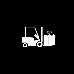 Forklift with big gift box icon isolated on dark background