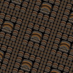 3d design in grey orange and white on a jet black background intricate patterns and shapes