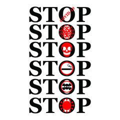 Stop lettering, virus, smoking, skull on a white background, signs for design, vector illustration
