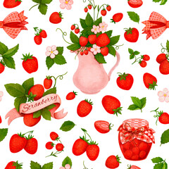 Crayon strawberry with leaves seamless pattern. Jar of jam, jug, bow. Label, tape. Hand drawn artistic berry background with pastels. Cute Colorful stylish illustration for backgrounds, textile. 