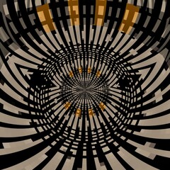3d design in grey orange and white on a jet black background intricate patterns and shapes