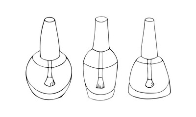 A set of glass bottles of clear nail polish with brushes. Isolated vector illustration.