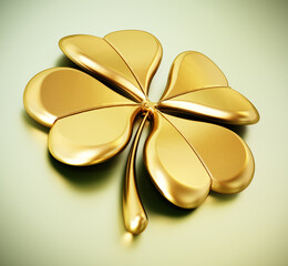 Golden four leaf clover on green background. 3D illustration