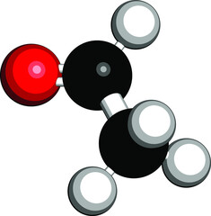 Acetaldehyde (ethanal) molecule, chemical structure. Acetaldehyde is a toxic molecule responsible for many symptoms of alcohol hangover.  3D rendering. Atoms are represented as spheres.