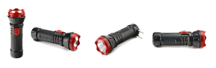 black rechargeable electric LED flashlight isolated on white background.
