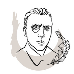 Portrait of the writer Mikhail Bulgakov. Russian writer of the Soviet period, playwright, theater director and actor. Black and white sketch of a hand-drawn portrait.