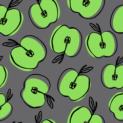 doodle apples seamless pattern. hand-drawn vector green apple, line art