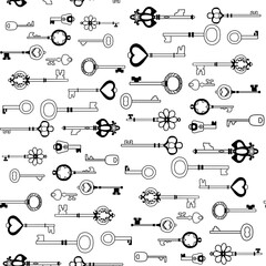 bitmap image of keys, black outlines on a white background, pattern. Design for wallpaper, fabrics, textiles. 