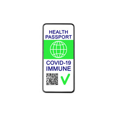 Digital Health passport COVID 19 immunity smartphone screen white background isolated, coronavirus vaccination certificate mobile phone app, vaccinated people, international tourism, travel, green