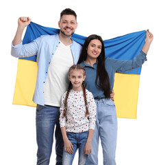Obraz premium Happy family with flag of Ukraine on white background