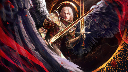 beautiful angel girl with a square hairstyle glowing white eyes in gold patterned armor with two magical paired swords and huge black wings 2d © warmtail