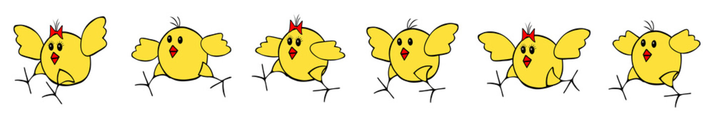 Group of yellow fan Vector Easter pink chickens run after each other on a white background. border