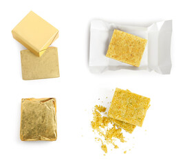 Set with bouillon cubes on white background, top view