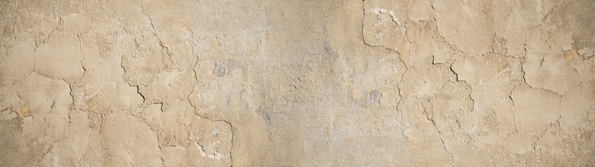 Grunge beige brown damaged concrete cement facade, peeled off plaster, weathered aged rustic texture background banner panorama