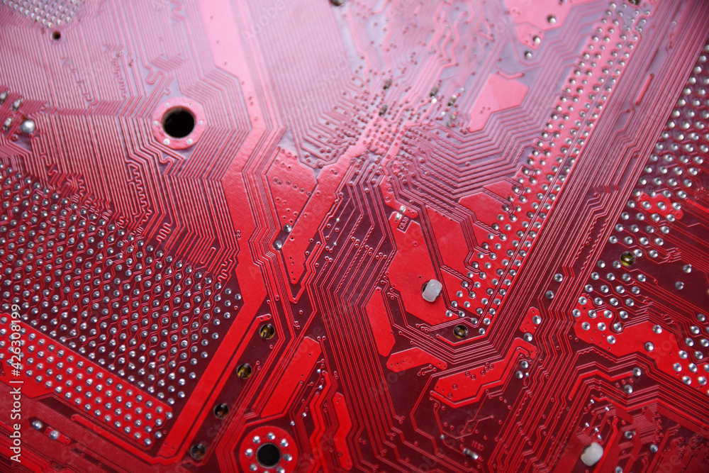 Poster Computer motherboard background and electronical components cpu gpu memory and different sockets for video card close up