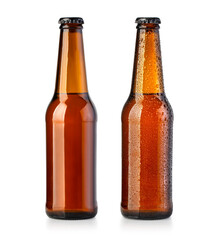 brown bottles with beer on white