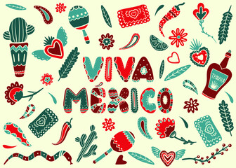 Vector elements for Mexico Independence Day. Viva Mexico lettering