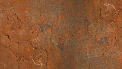 Grunge brown orange rusty damaged concrete cement facade, peeled off plaster, weathered aged rustic rust wall, with cracks, texture background