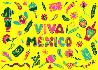Cartoon elements for Mexico Independence Day. Viva Mexico lettering