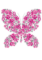 pink butterfly with florals on white background
