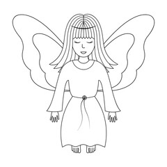 Angel. Sketch. Vector illustration. Girl with wings. The fairy lady closed her eyes. The little sorceress is flying. Coloring book for children. Outline on white isolated background. Doodle style. 